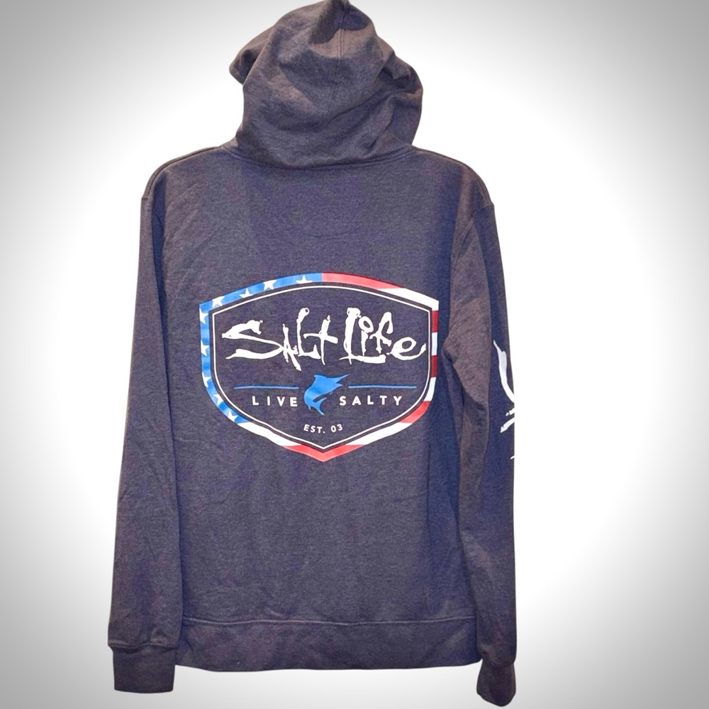 NWT~SALT LIFE~Blue Amerishield Hoodie Hooded Sweatshirt~Flag~USA~Size Small~007